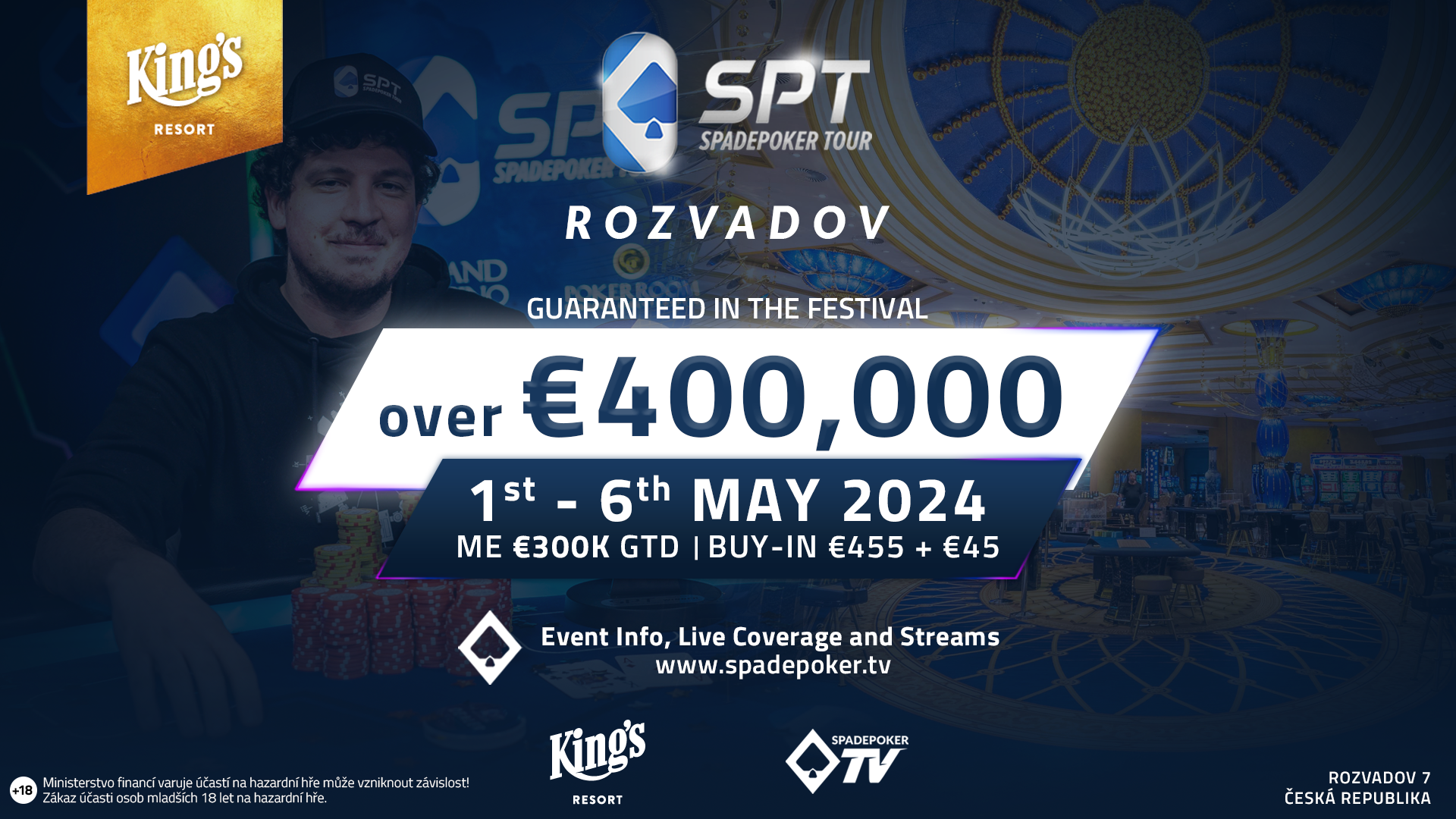 The Spadepoker Tour is back, with at least €400,000 up for grabs at the King's Resort Rozvadov in May!